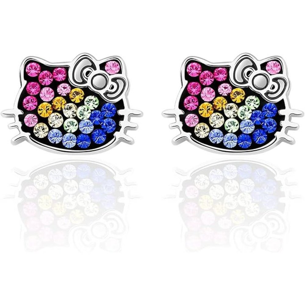 💕NEW Sparkling Bling Swarovski Crystal Silver Hello Kitty Pieced Earring… - Picture 1 of 5